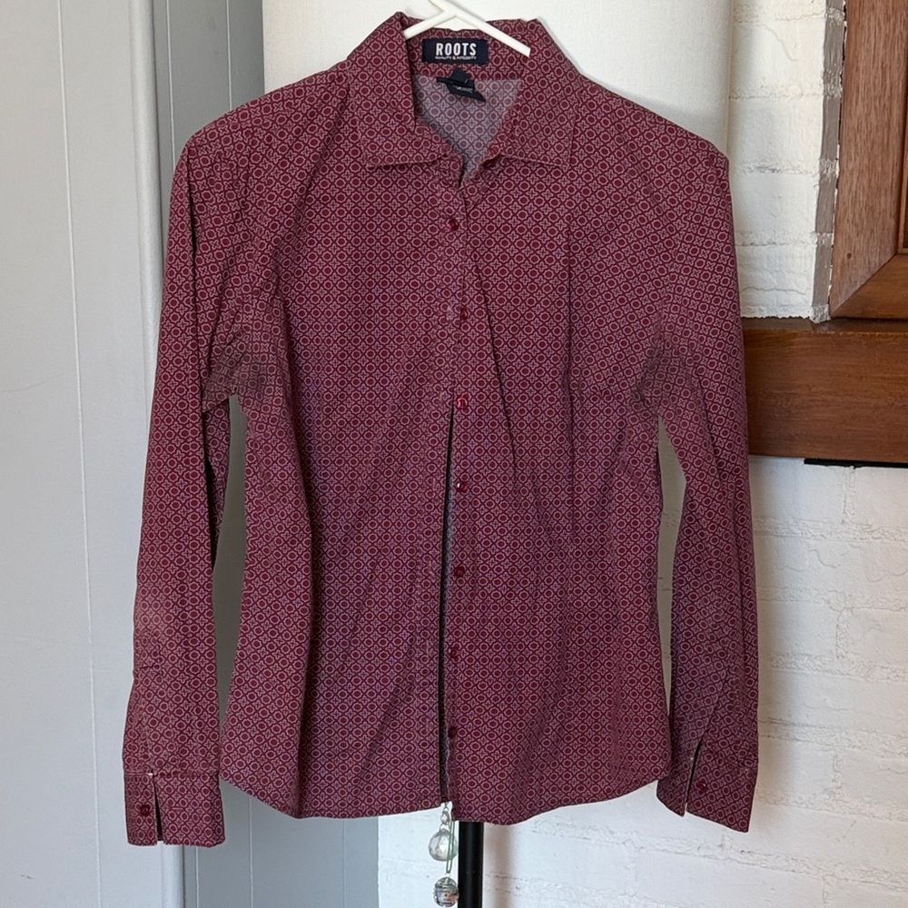 Roots Brand Burgundy Micro-Pattern Button-Up Shirt